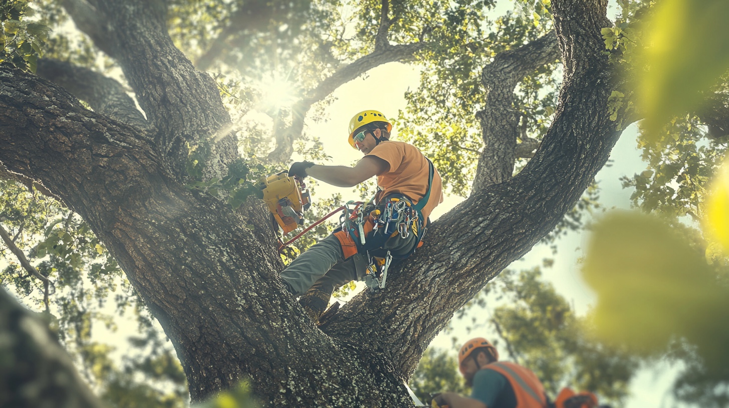 Homme avec une tronçonneuse sur un arbre Homme avec une tronçonneuse sur un arbre